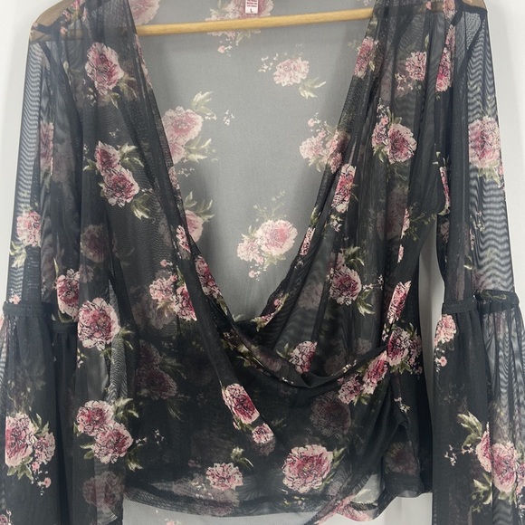 Bongo sheer romantic roses faux wrap blouse Gothic wide bell sleeve large - Picture 13 of 16
